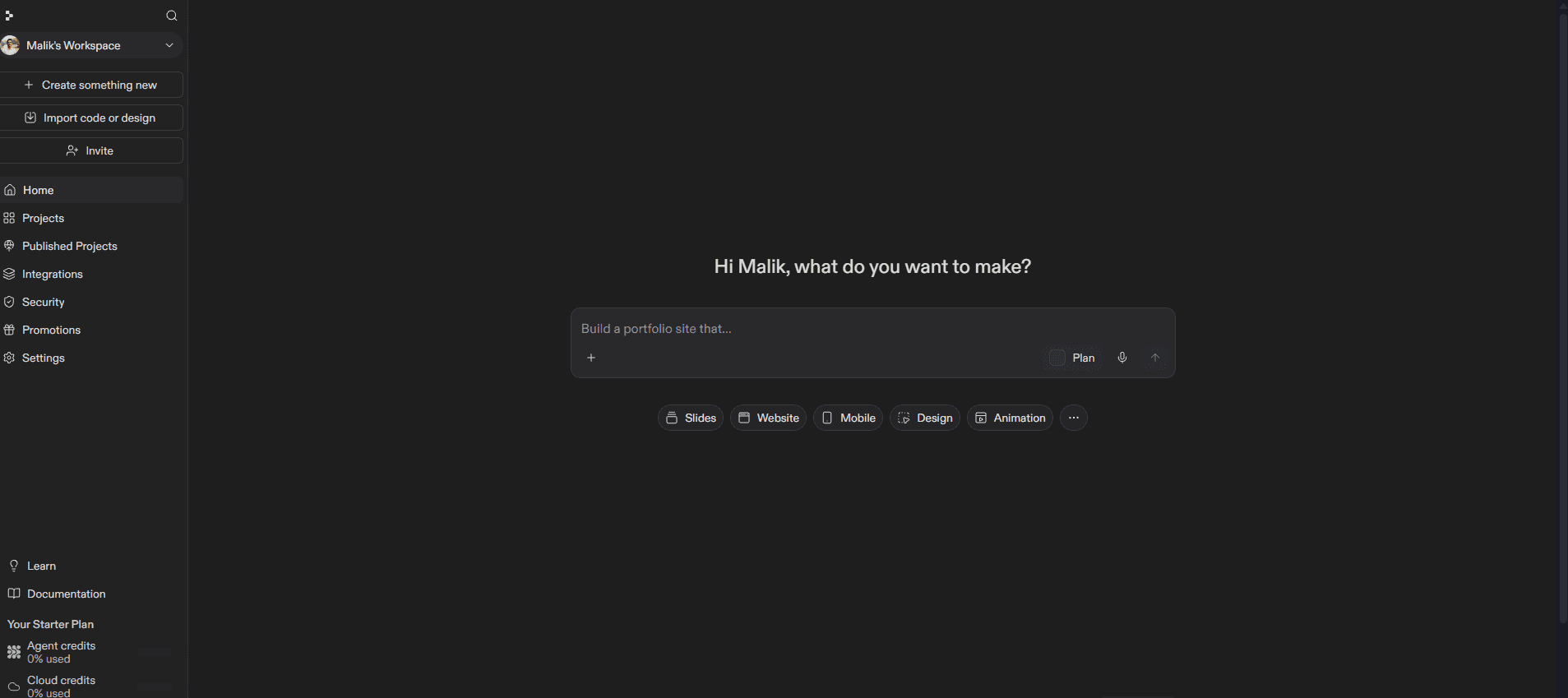 Replit Agent start screen asking what to make, with Slides, Website, Mobile, Design, and Animation options