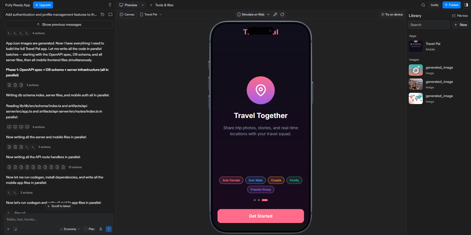Replit Agent building the Travel Pal mobile app, writing server and mobile files in parallel batches with a live iPhone preview on the right